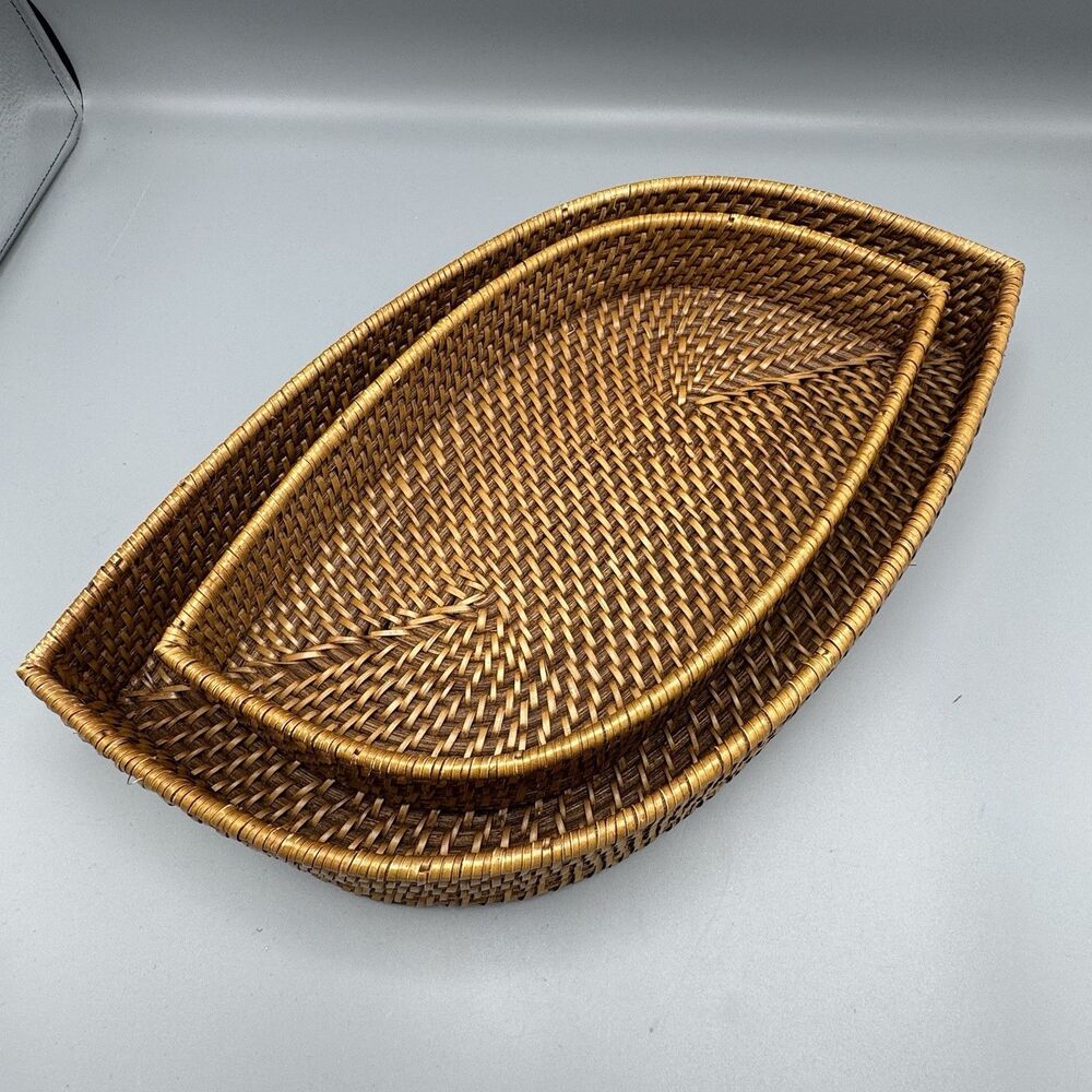 Vtg Set of 2 Nesting Leaf Shaped Wicker Rattan Bread Baskets Home Accents